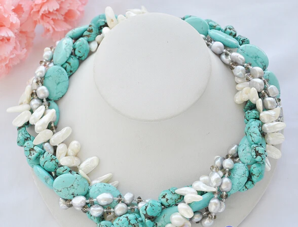 

Jewelr 005595 5row blue Turquoise gray baroque pearl Smoky quartz NECKLACE