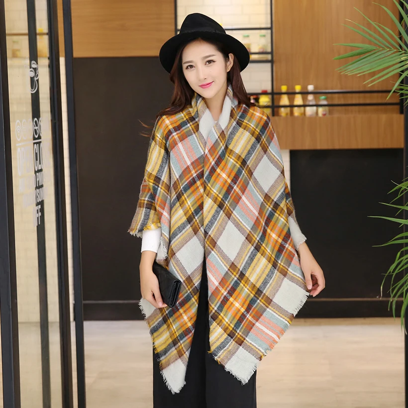 2016 font b Tartan b font Plaid Scarf Winter Pashmina Beige Women Cozy Checked Blanket Oversized