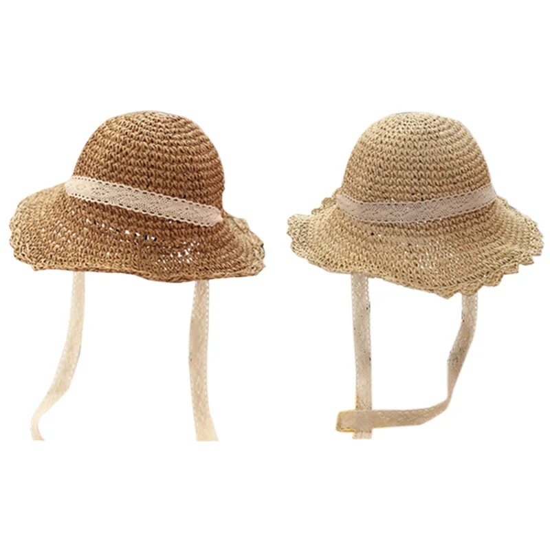 Детская соломенная шляпа с широкими полями, ручная работа, кружевная Складная летняя пляжная шляпа, летняя шляпа для девочек, детская
