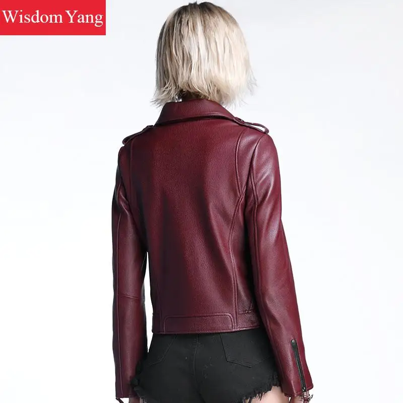 À Réel Véritable Femmes Longues Mouton Vestes Court De Rouge Coat En Burgundy Dames Manteaux Cuir Peau Jacekt Manches Bomber Vin Manteau Rivet Survêtement 5qEw74W
