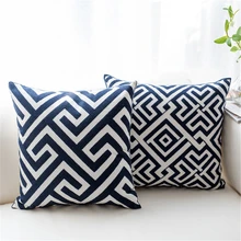 

Home Decor Embroidered Cushion Cover Blue Navy Geometric Plaid Pattern Canvas Cotton Pillowcase Decorative Throw Pillow Covers