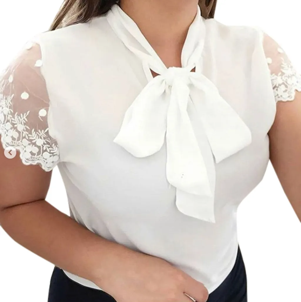 Женская Офисная Сексуальная рубашка, летний кружевной топ с галстуком-бабочкой, шифоновая блузка с коротким рукавом, Модная белая рубашка, Camiseta Feminina