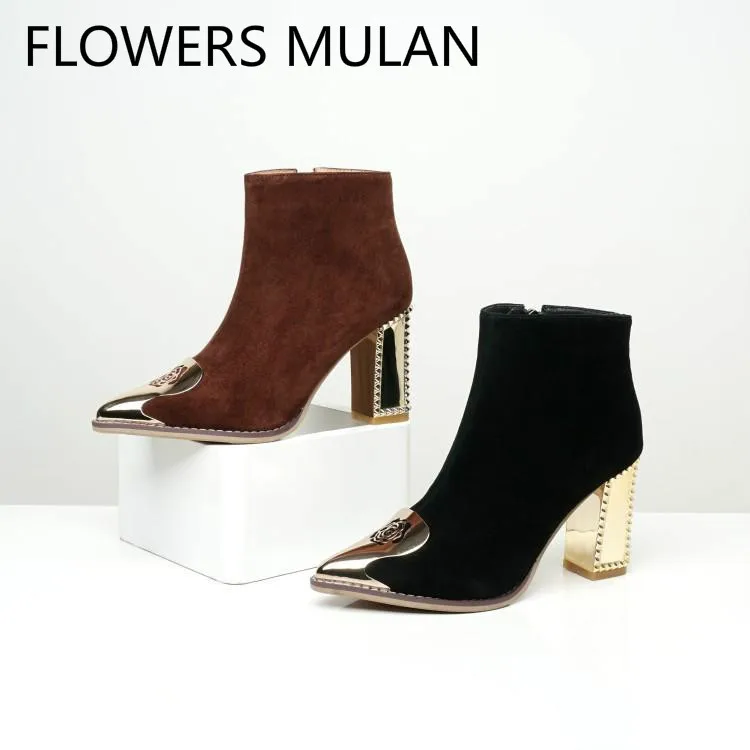 

Latest Designers Brown Black Suede Ankle Boots For Women Chic Metallic Gold Pointed Toe High Square Heel Winter Shoes Woman