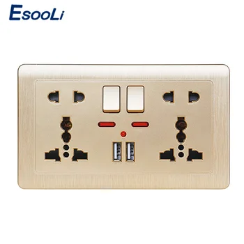 

Esooli Gold Wall Power Socket Double Universal 5 Hole Switched Outlet 2.1A Dual USB Charger Port LED indicator 146mm*86m