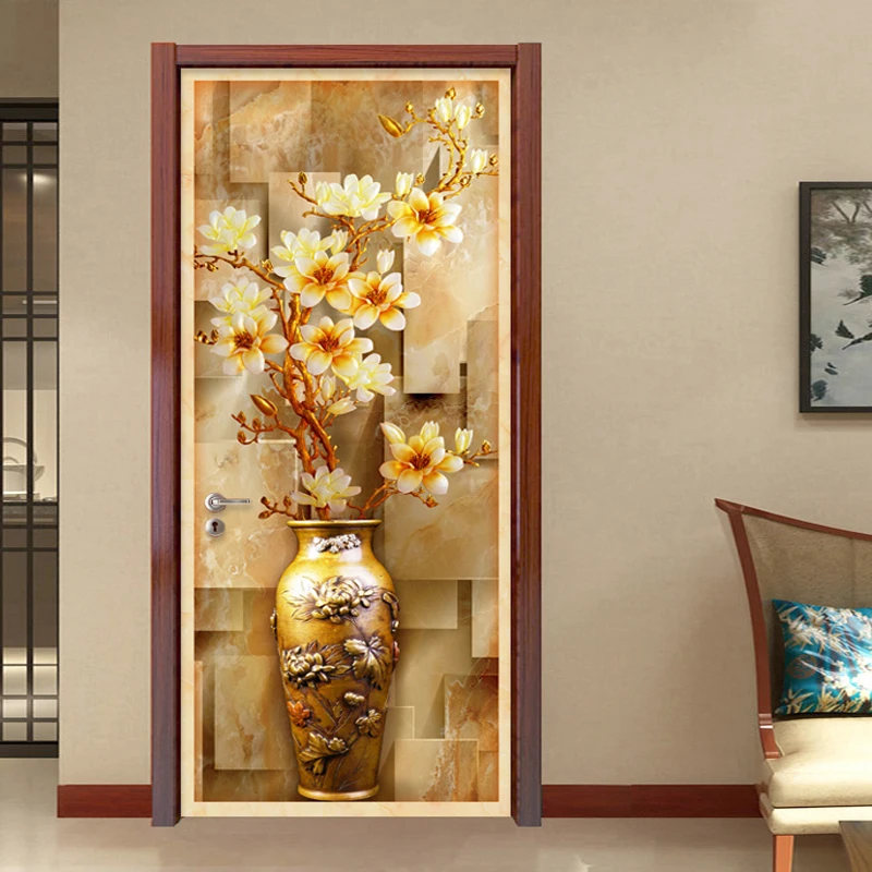 

PVC Self-Adhesive Waterproof Door Sticker Chinese Style 3D Embossed Vase Flowers Mural Wallpaper Living Room Study 3D Home Decor