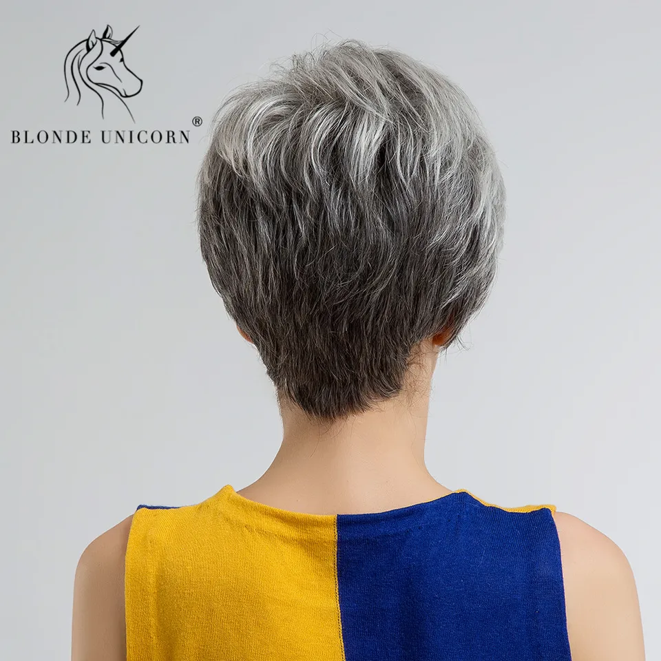 Blonde Unicorn Fluffy Pixie Cut Short Hair Wigs Ash Gray Black Ombre Highlights 30 Human Hair Wig With Side Bangs Free Shipping