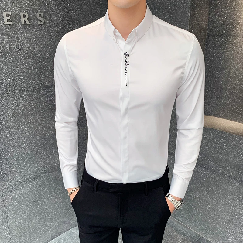

Hot Fashion mens white dress shirts 2019 Solid Color Business shirt for male long sleeve shirt slim Casual social tuxedo Shirt