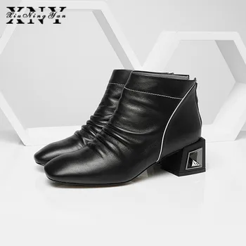 

XIUNINGYAN Women Winter Shoes Full Genuine Leather Boots Style Pleated Decoration Runway Fretwork Heels Wedding Ankle Boots