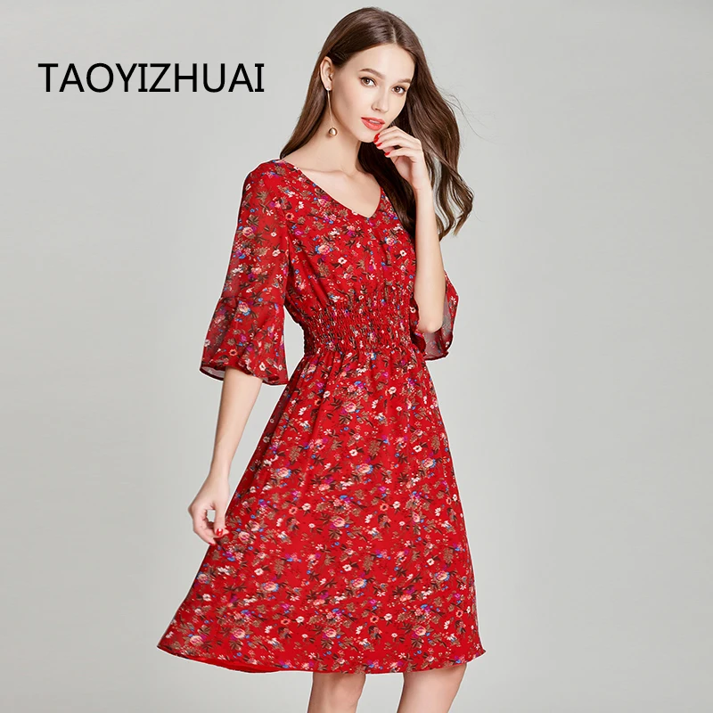 

TAOYIZHUAI Summer New Arrival Chinese Style Flare Half Sleeves Flower Frint Red Knee Length Fashion Dress For Women 11688