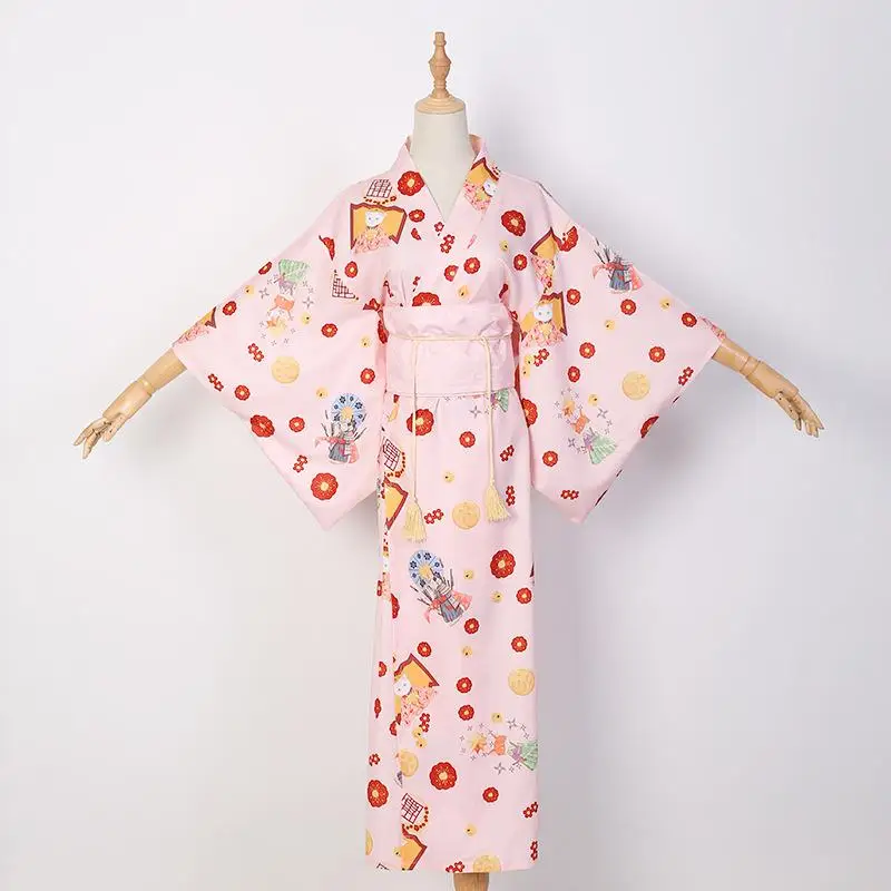Классический японский халат винтажное азиатское женское кимоно гейши юката Косплей Костюм принт элегантное сценическое платье - Цвет: Розовый