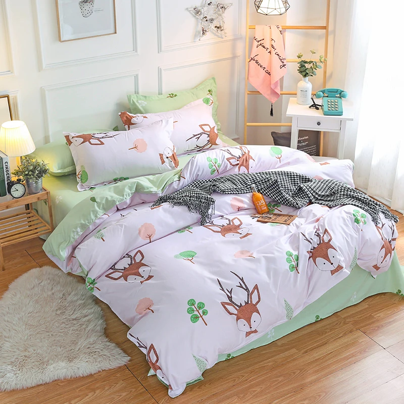 

3/4pcs Bedding set Simple Cartoon Fawn Dinosaur Superfine Fiber bed linens duvet cover flat sheet Bedding Four Season Universal