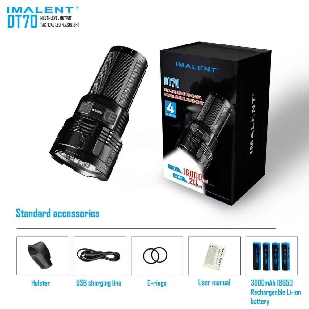 

IMALENT DT70 Rechargeable Flashlight CREE XHP70 max 16000 Lumen 7 working modes outdoor torch with 4* 18650 3000mA li battery