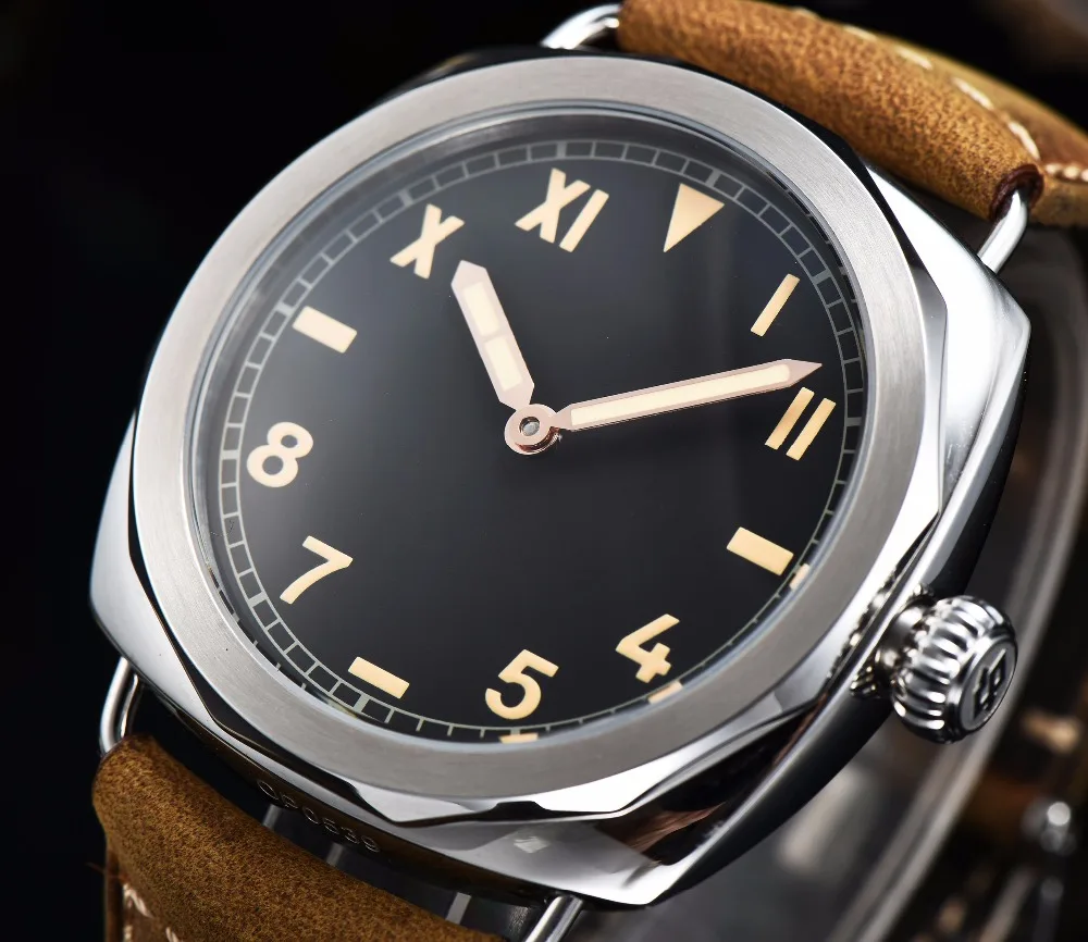 

Parnis 47mm black dial military machinery brown leather hand-pull sports waterproof men's watch P47-1