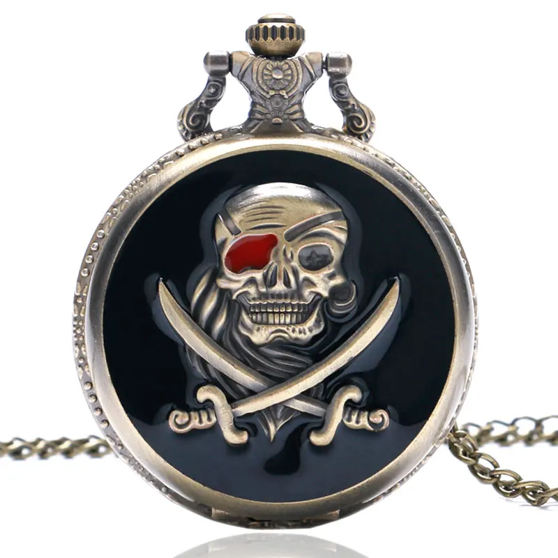 New Arrival Retro Bronze Skull Pirate Quartz Pocket Watch With Necklace