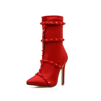 

GOXPACER Spring Autumn Women Boots Pointed Toe Fashion Casual Boots Female Martin Boots Shoes Women Rivets Stretch Fabric 2018
