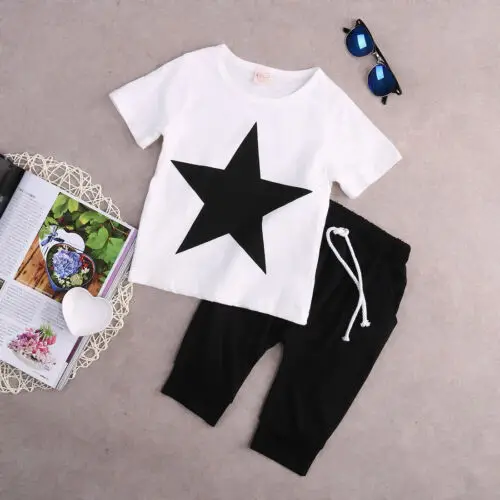 

Summer Fashion Cool Casual White Cotton Vogue Brief Toddler Kids Boy Star T-shirt Tops Harem Pants 2PCS Outfits Set Clothes