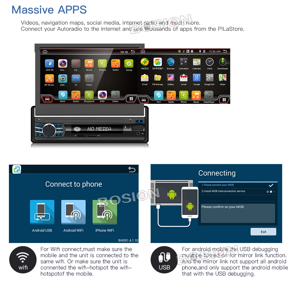Best Bosion Android 7.1 One Din HD Car Radio with Rear View Camera Remote Control Audio Stereo AUX FM Bluetooth Wifi Head unit 7