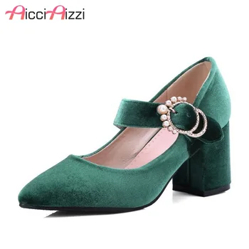 

ZALAVOR Size 32-43 Vintage Women High Heel Shoes Beading Metal Buckle Thick Heel Pumps Party Shoes Women Elegant Footwears