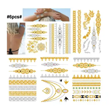 

6 Pcs/set Sheets Temporary Tattoo Stickers Metal Tattoos Gold and Silver Black Flash Temporary Tattoos Accessories