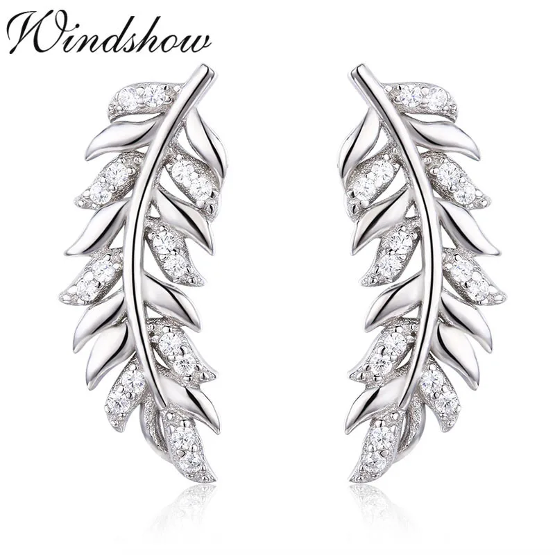 

925 Sterling Silver Feather Leaf CZ Ear Climber Stud Earrings For Women Girls Jewelry Orecchini Aros Aretes Ear Jacket oorbellen