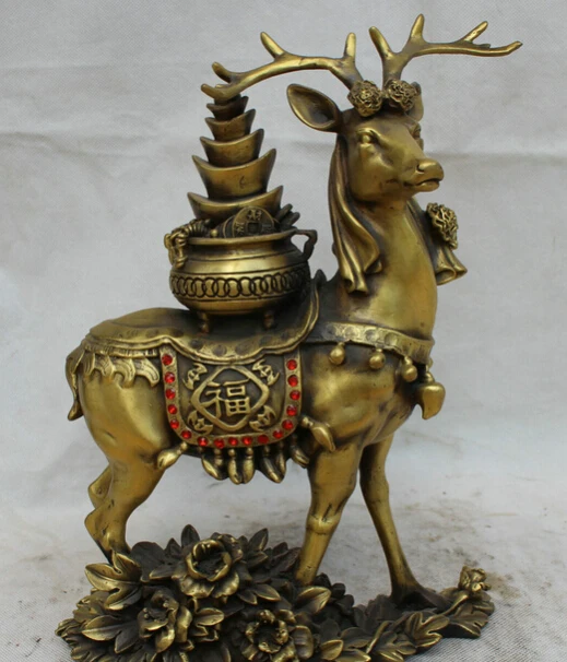 

002297 12" Chinese Copper Feng Shui Folk Fu flower Treasure Bowl Deer Statue sculpture