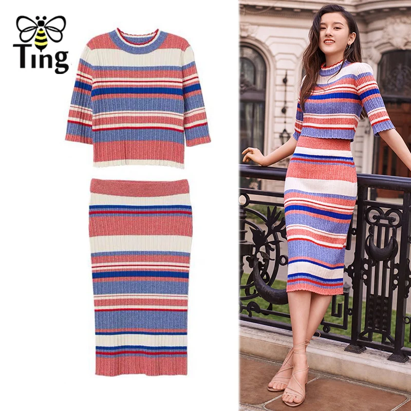 

Tingfly 2019 Autumn Winter New Designer Striped Women 2 pcs Sets Casual Color Block Strip Crop Top + Bodycon Skirt Women Sets