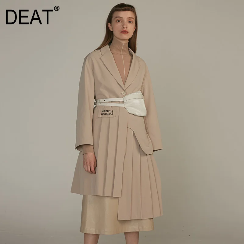 DEAT 2020 New Spring Summer Lapel Long Sleeve Khaki Irregular Hem Pleated Split Joint Windbreaker Women Trench Fashion JQ483 | Женская