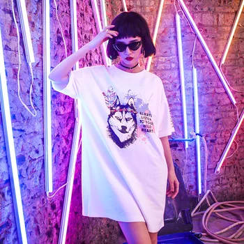 

Casual t-shirt women's 2019 spring and summer short-sleeved t-shirt female original tide brand hip-hop long t-skirt