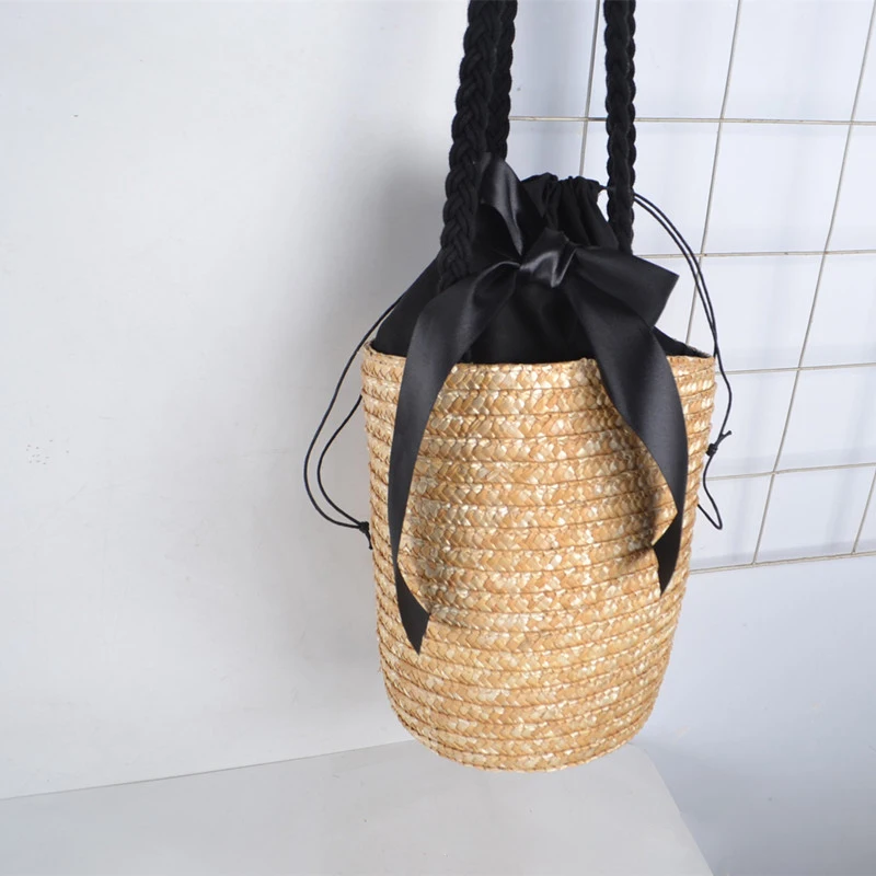 LJL ведро цилиндрические соломенные сумки лук Пшеничной Соломы Тканые женские сумки через плечо сумка-тоут(основной цвет