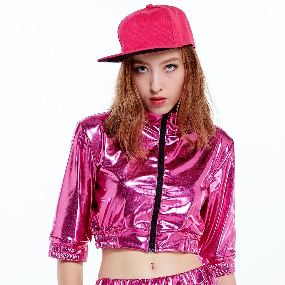 

2018 New Fashion Kids Adults Pink Short Jacket Women Jazz Slim Hip Hop DS Party Stage Performance Streetwear Female Dance Top