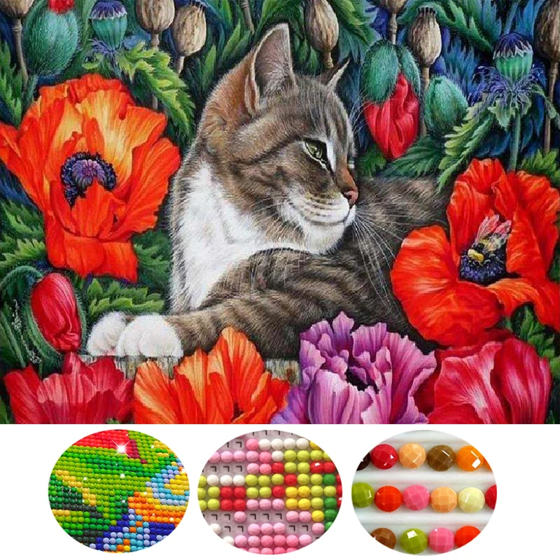 Handmade Needlework 5D DIY Diamond Painting Cross Stitch Kits Embroidery round Safflower and cat Picture Mosaic | Дом и сад
