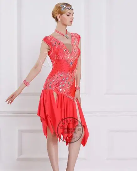 

red customize custom back cutout Rumba cha cha salsa tango Latin dance competition dress with beads