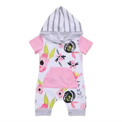 2017 супер милые дети цветочный с капюшоном Комбинезоны для малышек для новорожденных Обувь для девочек короткий рукав розовый с капюшоном