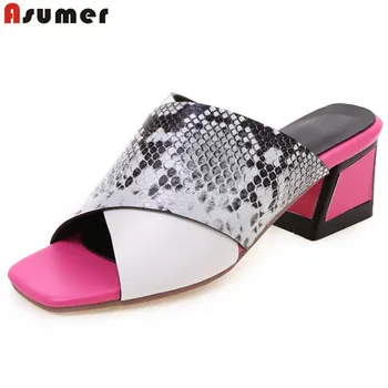 

ASUMER Plus size 34-43 New 2020 women sandals open toe square high heels snake print slip on women's mules summer ladies shoes