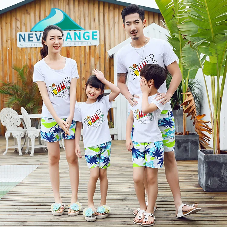 

Summer new Famliy matching clothes set mother son beach holiday clothing cotton fashion letters t shirt +quick dry shorts 2pcs