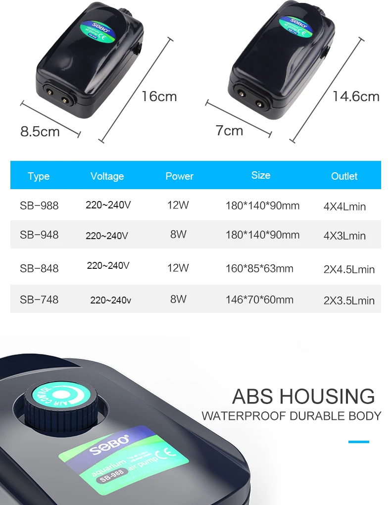 SOBO Высокая мощность 8 Вт 12 Вт кислородный воздушный насос для аквариума воздушный компрессор Регулируемый воздушный поток кислородный насос для рыб