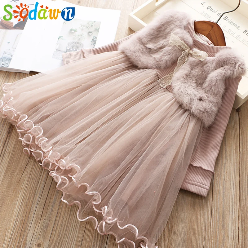 

Sodawn Grils Clothes New Spring Fashion Printed Long Sleeves Round Neck Bow Dress Kids Clothing Baby Girls Dress
