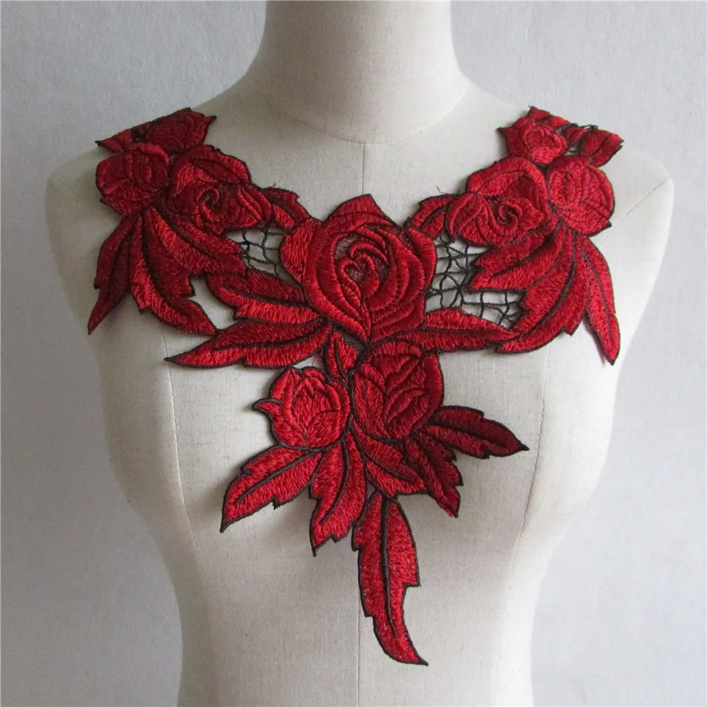 New style red Floral Applique embroidery Decorated DIY Lace Collar