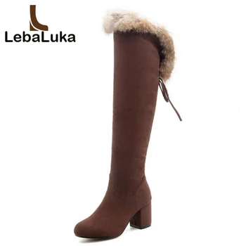 

Tuyoki Women Thigh High Boots Bowknot Plush Fur Shoes Woman Zipper High Heels Boots Sexy Winter Warm Shoes Size 32-43