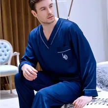 Мужская шелковая атласная Домашняя одежда с длинными рукавами и v-образным вырезом, набор для всех сезонов, домашняя одежда для студентов, для досуга, для молодежи, размера плюс, ночная рубашка J035