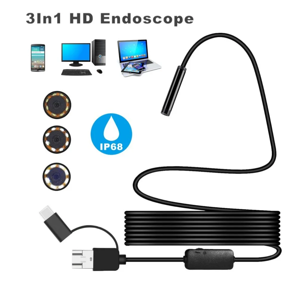 1200 P IP68 Android 8 мм Micro-USB Тип-c USB 3-в-1 Электронный эндоскоп Borescope Водонепроницаемый