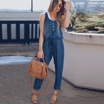 

Summer Women's Sleeveless Suspenders Jumpsuits Denim Blue Trousers Casual Solid Color Streetwear Fashion New Wear