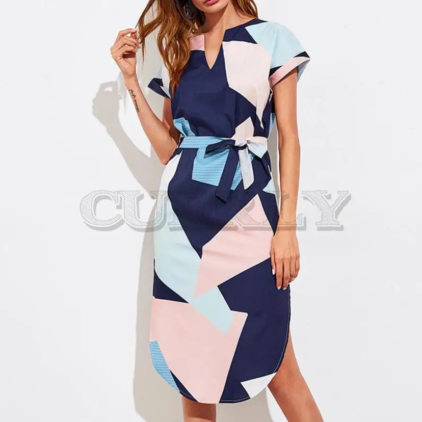 Image Cuerly 2019 Summer Women knee length Dress New High Quality Lady Geometric V Neck Short Sleeve Bandage Bow Split Ends Dresses