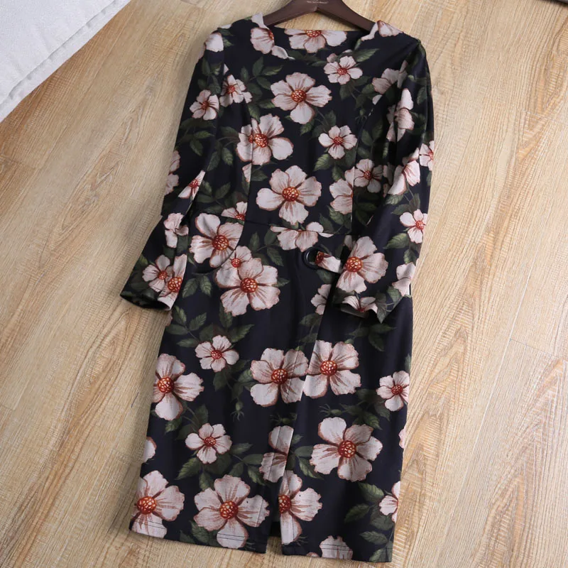 

Women Split Dress O-neck Floral Long Sleeve Fall Spring Flower Print Party Dress Elastic Hip-Wrapped Dresses
