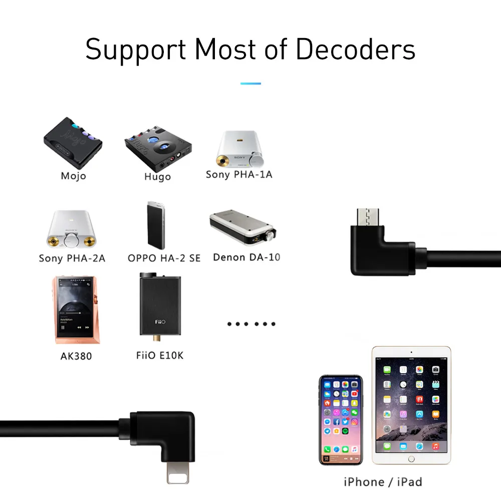 90 градусов локоть DAC AMP HiFi OTG кабель для Lightning к Micro USB для iPhone iOS 10 до 12 с декодерами Чистая медь сердечник