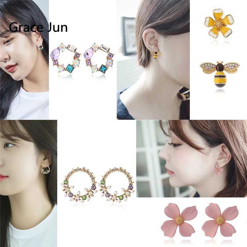 

Grace Jun New Enamel Planting Flower Clip on Earrings No Pierced for Women Charm Circle Bee Rhinestone Crystal Ear Cuff Earrings