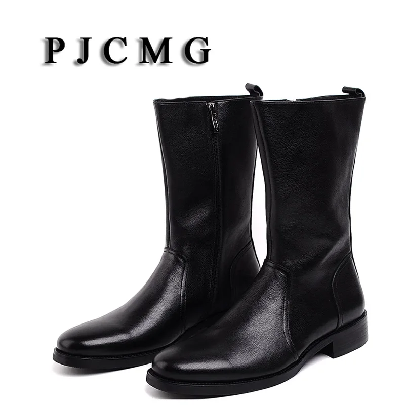 PJCMG New Men's High Boots Genuine Leather High Leg Martin Male Shoes