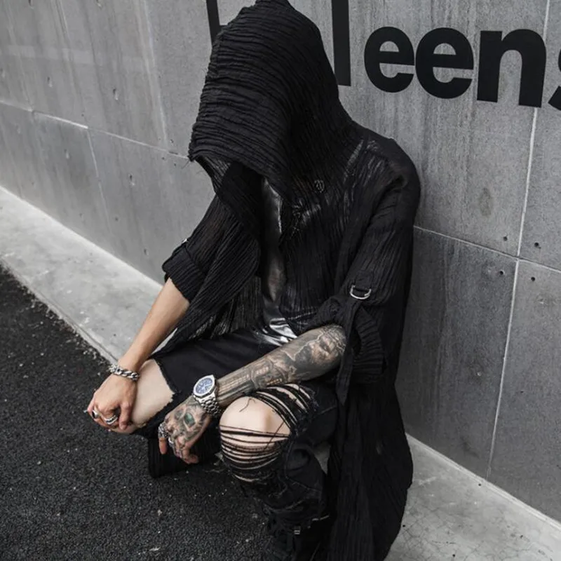 

Spring summer men black thin cotton & linen punk hip hop long trench coat hooded cloak nightclub men gothic style vintage jacket