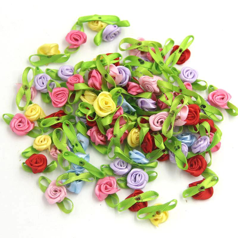 100Pcs Mini Satin Ribbon Rose Flowers Leaf Wedding Party Decor Small Sewing DIY 100Pcs Mini Satin Ribbon Rose Flowers Leaf Wedding Party Decor Small Sewing DIY