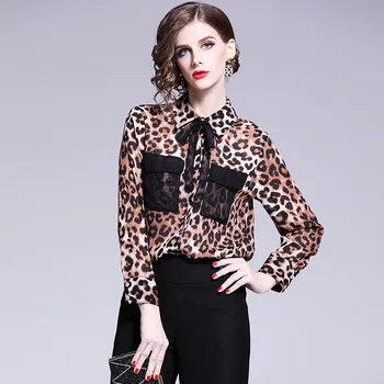 

2019 New Spring Summer Chiffon Blouse Women Long Sleeve Bow Turn-down Collar Leopard Sexy Ladies Tops for Office Work